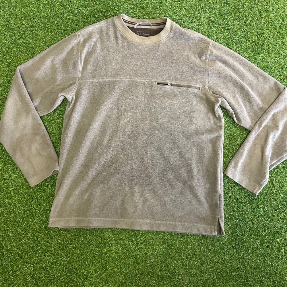 LL Bean Mens Small Tan Fleece Crewneck Pullover Zippered Pocket Long Sleeve